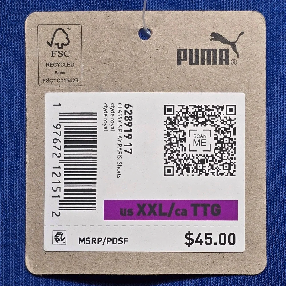 Puma Classics Play Paris Shorts Men's XXL Clyde Royal‎ Blue Fleece 628919-17 NEW